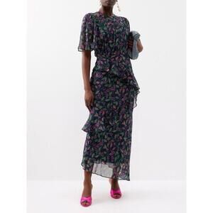 Saloni Floral  100% Silk Tiered Ruffled Vida Midi Dress (Sz: US 4 /Retail: $795)